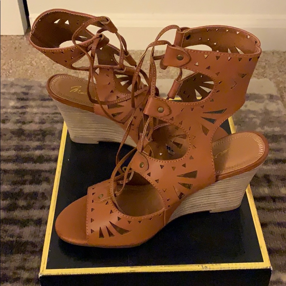 Cognac lace up ankle wedge heels